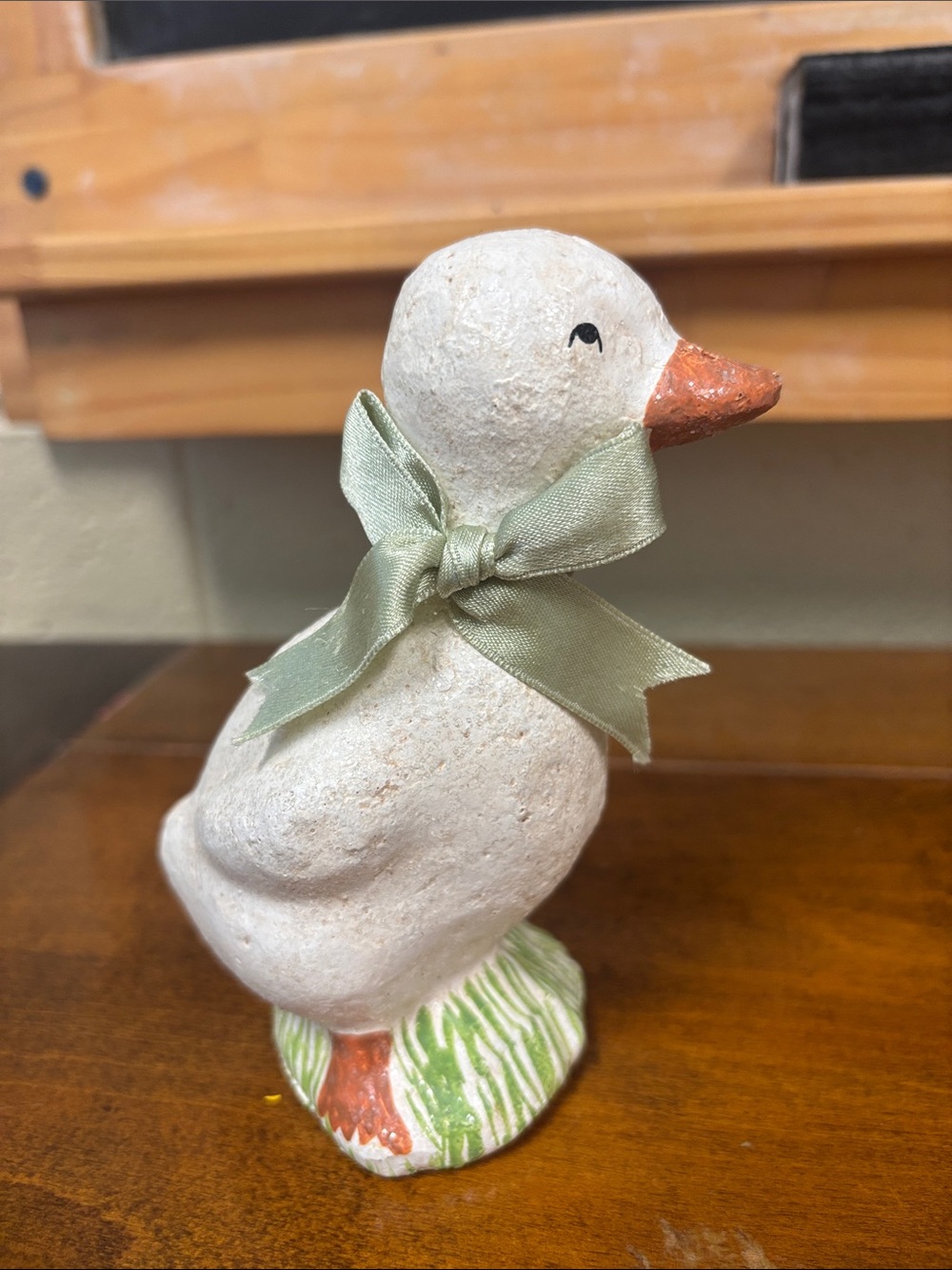Teena Flanner Collection MCF Easter Duck Figurine Green Bow Vintage Folk Art